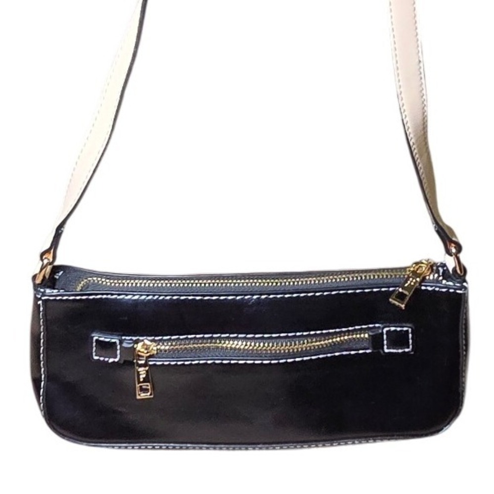 JN Black faux (?) Patent Leather Shoulder Bag Small Clutch With Gold Accent - Picture 4 of 6